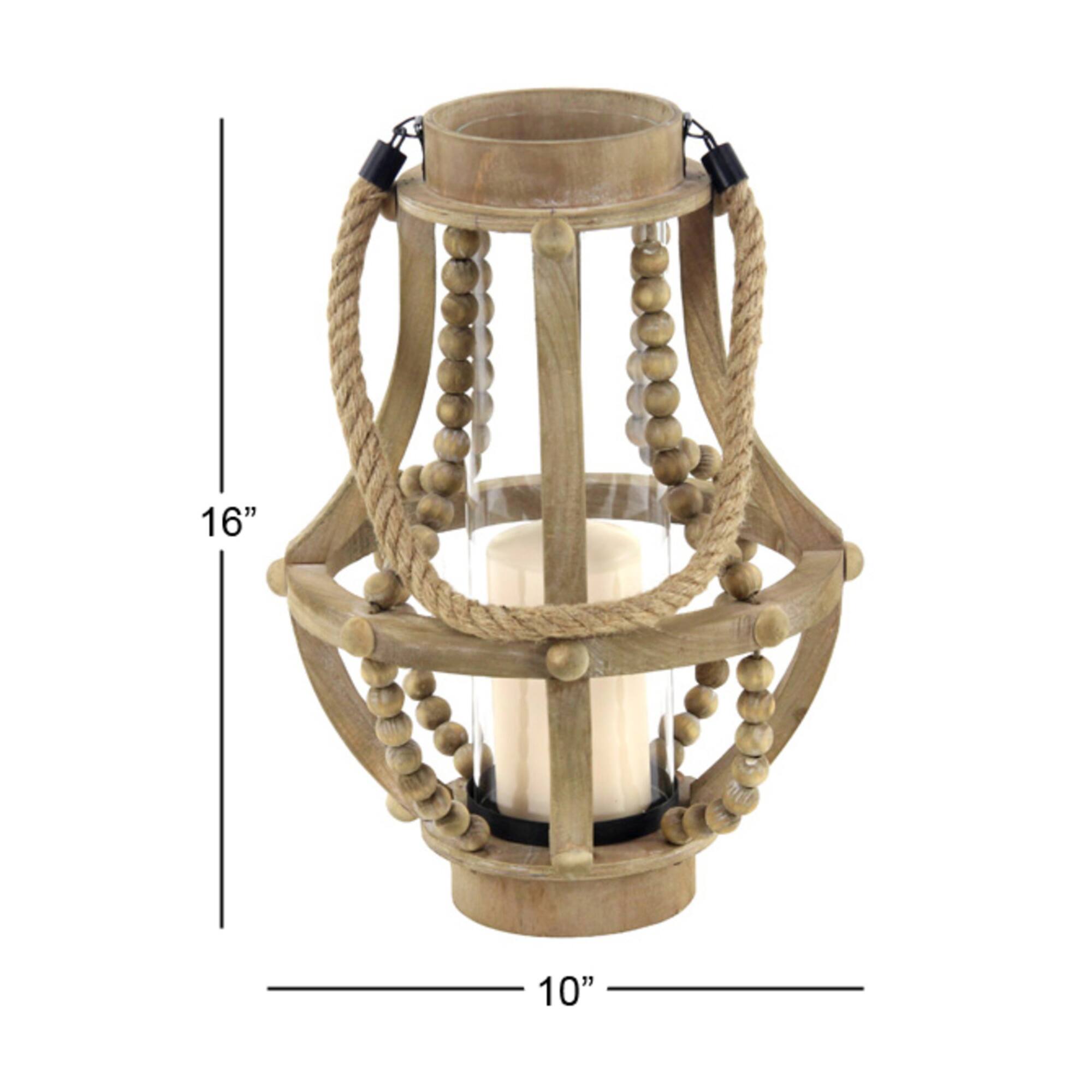 Beige Recycled Wood Farmhouse LED Lantern, 16" x 10" x 10"